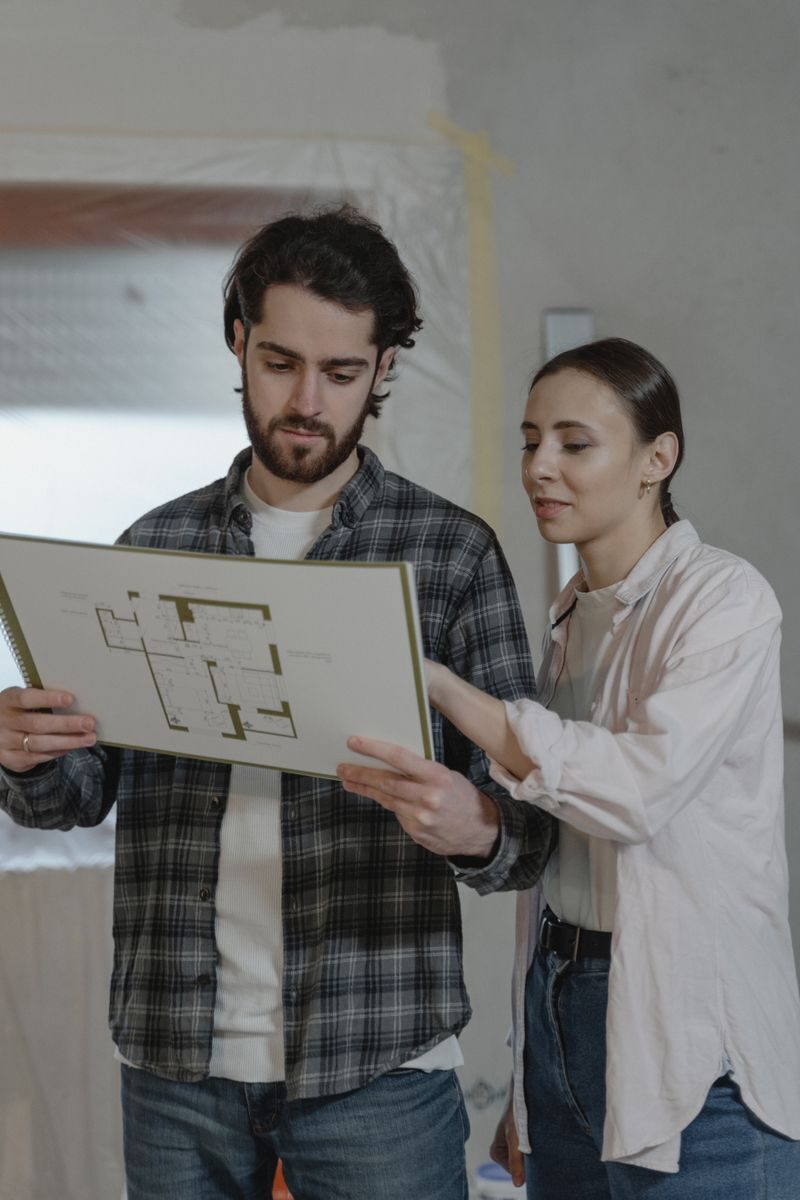 A couple examines a home renovation blueprint indoors, planning improvements together.