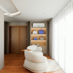 A 3D render of a modern room with a curved white sofa and shelves displaying handbags