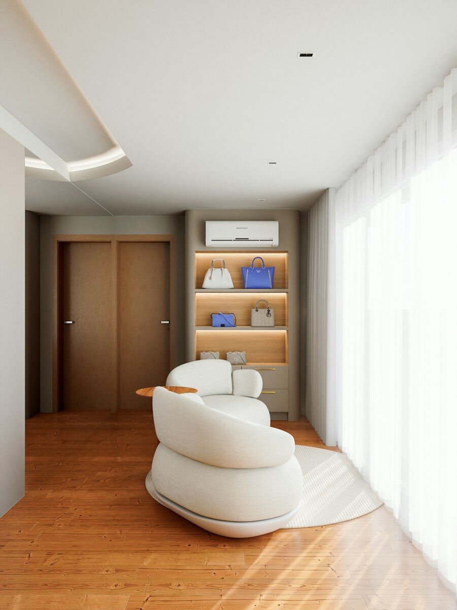 A 3D render of a modern room with a curved white sofa and shelves displaying handbags